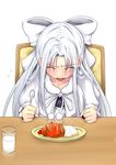  closed_eyes curry food hair_ribbon hands long_hair melty_blood mikeco milk ribbon sitting solo spicy tears tongue tsukihime white_hair white_len 