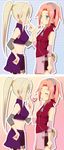  aqua_eyes banned_artist bike_shorts blonde_hair blouse blush closed_eyes couple finger_to_mouth hairband hand_on_hip haruno_sakura heart highres indirect_kiss kiss long_hair midriff multiple_girls naruto naruto_(series) pink_hair ponytail short_hair sleeveless yamanaka_ino yokige yuri 