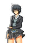  amagami belt black_hair black_jacket grey_skirt jacket kamen_rider kamen_rider_kabuto_(series) kamen_rider_kick_hopper kibito_high_school_uniform long_sleeves nanasaki_ai parody pleated_skirt school_uniform short_hair skirt solo toki_(tokihakashi) 