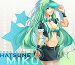  bra breasts cleavage green_eyes green_hair hatsune_miku large_breasts lingerie long_hair muse_(rainforest) navel skirt smile solo star underwear visor_cap vocaloid 