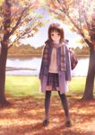  argyle argyle_scarf autumn autumn_leaves backpack bag black_footwear black_legwear blush brown_eyes brown_hair child closed_mouth coat day dock eyebrows_visible_through_hair full_body goto_p hooded_coat lake legs_apart loafers looking_at_viewer open_clothes open_coat original plaid plaid_skirt pleated_skirt purple_coat scarf shoes skirt sky sleeves_past_wrists smile solo standing thighhighs water zettai_ryouiki 