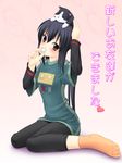  :3 animal animal_on_head black_hair brown_eyes cat cat_on_head eating food highres k-on! marshmallow murasaki_ookami nakano_azusa on_head socks solo translated twintails 