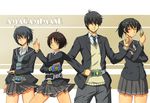  3girls amagami belt kamen_rider kamen_rider_blade_(series) kamen_rider_garren kamen_rider_hibiki kamen_rider_hibiki_(series) kamen_rider_kabuto_(series) kamen_rider_kick_hopper kamen_rider_ryuki_(series) kamen_rider_tiger kibito_high_school_uniform long_sleeves multiple_girls nanasaki_ai parody pleated_skirt pose school_uniform skirt tachibana_jun'ichi tachibana_miya toki_(tokihakashi) tsukahara_hibiki 