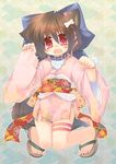  animal_ears blush bow brown_hair collar dog_ears dog_tail fang hair_bow hair_ornament japanese_clothes kannagi_cocoa kimono original pink_kimono red_eyes ribbon sandals short_hair short_kimono solo tail toba_hiyoko toes yukata 