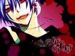  blood blue_hair earrings fangs feathers flower jewelry kaito male_focus ousa red_eyes rose skull smile solo vocaloid 