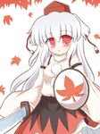  alternate_hair_length alternate_hairstyle bare_shoulders detached_sleeves hat inubashiri_momiji leaf long_hair red_eyes ry shield silver_hair simple_background solo sword tokin_hat touhou weapon white_hair 