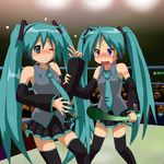  blush boxing_ring cosplay detached_sleeves green_eyes green_hair hatsune_miku hatsune_miku_(cosplay) headset hiiragi_kagami hirondo long_hair lucky_star microphone multiple_girls purple_eyes spring_onion thighhighs tsurime twintails vocaloid 