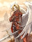  angel_wings artist_request belt blonde_hair chain copyright_request gloves long_hair male_focus orange_eyes solo sword weapon wings 
