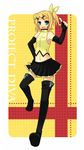  alternate_hairstyle blonde_hair detached_sleeves hand_on_hip hands kagamine_rin midriff navel open_mouth project_diva project_diva_(series) skirt solo tamura_hiro thighhighs vocal_(module) vocaloid 