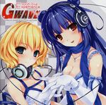  album_cover blonde_hair blue_eyes blue_hair blush breasts checkered cleavage copyright_request cover crop_top double_bun elbow_gloves gloves headphones highres holding_hands idol jewelry large_breasts long_hair medium_breasts midriff misaki_kurehito multiple_girls necklace red_eyes scan scarf short_hair smile very_long_hair white_gloves 