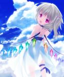  bare_shoulders blonde_hair bloom choker cloud day dress fang flandre_scarlet hair_bobbles hair_ornament happy kiyomin looking_back no_nose red_eyes ribbon sky solo sundress thigh_ribbon touhou wings 