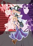  alice_margatroid blonde_hair blue_eyes braid carrying hairband hat kirisame_marisa mikagami_hiyori mob_cap multiple_girls patchouli_knowledge remilia_scarlet short_hair shoulder_carry touhou witch_hat yellow_eyes 