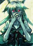  covering_mouth ex-keine green_hair hands horns kamishirasawa_keine long_hair moon red_eyes ribbon solo tears tima touhou 