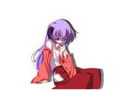  demon detached_sleeves hanyuu higurashi_no_naku_koro_ni horns japanese_clothes kimono long_hair miko open_mouth oyashiro-sama pale pale_skin purple_hair sad shy simple_background sitting white 