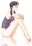  ass barefoot black_hair breasts feet large_breasts legs nanahime one-piece_swimsuit original reflection school_swimsuit sideboob sitting solo swimsuit twintails 