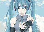  aqua_eyes aqua_hair aqua_nails bare_shoulders cloud day detached_sleeves hatsune_miku long_hair nail_polish necktie sky solo suipuu_izuru tears twintails vocaloid 