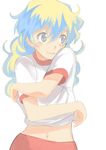  1girl blush buruma cloud_hair flower gym_uniform hair_flower hair_ornament long_hair multicolored_hair nia_teppelin smile solo tengen_toppa_gurren_lagann undressing yana 