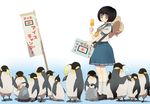  absurdres banner bird black_hair cooler flag flock food grey_eyes hat hat_removed headwear_removed highres nobori original penguin popsicle school_uniform serafuku short_hair skirt wamochi 