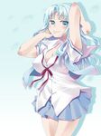  blue_eyes blue_hair blush copyright_request imu_sanjo long_hair necktie school_uniform serafuku skirt solo 