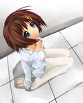  467_(artist) bad_id bad_pixiv_id blue_eyes brown_hair downblouse from_above hair_ornament kneeling lyrical_nanoha mahou_shoujo_lyrical_nanoha_strikers nail_polish open_clothes open_shirt pantyhose red_nails shirt short_hair sitting solo wariza white_legwear x_hair_ornament yagami_hayate 