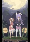  animal_ears arms_behind_back back-to-back bad_id bad_pixiv_id barefoot blazer brown_hair bunny_ears chonbo_(artist) hands_on_hips highres inaba_tewi jacket long_hair moon multiple_girls necktie pillarboxed pleated_skirt purple_hair red_eyes reisen_udongein_inaba round_window short_hair skirt thighhighs touhou window 