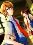  arm_at_side bag bangs brown_hair cellphone closed_mouth collared_shirt door dress_shirt dutch_angle hallway holding holding_phone indoors kita_high_school_uniform koizumi_itsuki kyon looking_at_viewer looking_away male_focus multiple_boys necktie orange_hair parted_lips phone red_hair red_neckwear school school_uniform shade shirt short_sleeves shoulder_bag signature standing suzumiya_haruhi_no_yuuutsu upper_body white_shirt window yellow_eyes yin_xing_zi 