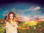  bug butterfly cloud faux_traditional_media flower highres insect long_hair nature nogaru_wako original red_hair sky solo sunrise wallpaper 