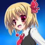  blonde_hair blush fang gotou_nao hair_ribbon md5_mismatch necktie open_mouth red_eyes red_neckwear ribbon rumia short_hair smile solo touhou 