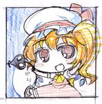  blonde_hair chibi fang flandre_scarlet gao hat laevatein ponytail red_eyes sakino_shingetsu side_ponytail solo touhou traditional_media vampire wings 