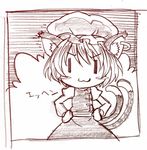  :3 animal_ears blush_stickers brown cat_ears cat_tail chen earrings hands_on_hips hat jewelry monochrome multiple_tails sakino_shingetsu short_hair solo tail touhou traditional_media v-shaped_eyebrows |_| 