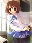  bad_id bad_pixiv_id blush brown_eyes brown_hair dressing hair_ornament hairclip hirasawa_yui k-on! lens_flare mamita pantyhose school_uniform short_hair skirt solo window 