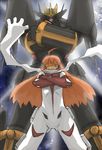  ahoge bodysuit buster_machine_7 crossed_arms glowing glowing_eyes gunbuster gunbuster_pose long_hair mecha nono_(top_wo_nerae_2!) orange_hair purple_eyes ryu3224 scarf super_robot top_wo_nerae! top_wo_nerae_2! white_bodysuit 