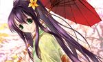  flower green_eyes hair_ornament japanese_clothes kimono les long_hair looking_back oriental_umbrella original ponytail purple_hair smile solo umbrella upper_body 