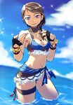  bikini blue_eyes breasts brown_hair cleavage cloud day final_fantasy final_fantasy_xi fingerless_gloves gloves hume katy_(artist) large_breasts ocean smile solo swimsuit wading water 