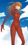  :d arms_at_sides bangs blue_eyes bodysuit bracer breasts brown_hair cloud day eyebrows_visible_through_hair floating_hair from_side gloves hair_between_eyes happy headgear legs_apart long_hair long_legs looking_to_the_side neon_genesis_evangelion number open_mouth outdoors plugsuit red_bodysuit sky slender_waist small_breasts smile solo souryuu_asuka_langley standing straight_hair takatsuki_kahiro turtleneck two_side_up wind 