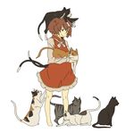  animal_ears barefoot brown_eyes brown_hair cat cat_ears cat_tail chen highres multiple_tails short_hair solo tail too_many too_many_cats touhou uewtsol 