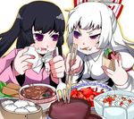  black_hair blush chopsticks eating ebifurai food food_clash fujiwara_no_mokou houraisan_kaguya meat multiple_girls red_eyes touhou white_hair 