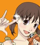  \m/ bad_id bad_pixiv_id brown_eyes brown_hair doujima_nanako ichiha lowres macross macross_frontier microphone parody persona persona_4 ranka_lee seikan_hikou solo twintails 