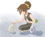  bag brown_eyes brown_hair cat chunpai dress groceries hirasawa_ui k-on! plastic_bag ponytail short_hair solo spring_onion 