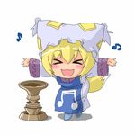  &gt;_&lt; :d abekawa blonde_hair chibi closed_eyes fox_tail hat long_sleeves musical_note open_mouth pillow_hat short_hair smile solo tail tassel touhou white_background wide_sleeves xd yakumo_ran younger 