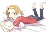  ass barefoot bed_sheet brown_hair casual denim feet hairband jeans k-on! legs_up lying on_stomach pants pillow pillow_hug shiromiso short_hair solo tainaka_ritsu the_pose 