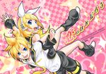  1girl blonde_hair blue_eyes brother_and_sister checkered headset kagamine_len kagamine_rin kitano_tomotoshi sailor_collar siblings smile star twins vocaloid 