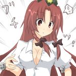  bad_id bad_pixiv_id braid breasts bursting_breasts buttons cleavage flying_button hat hong_meiling large_breasts long_hair nase popped_button red_eyes red_hair simple_background solo touhou twin_braids white_background 