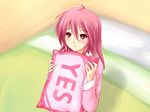  blush pajamas piku pillow pink_hair pink_pillow pink_shirt red_eyes shakugan_no_shana shirt short_hair solo wilhelmina_carmel yes yes-no_pillow 