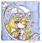  blonde_hair blush chibi gap hat long_hair one_eye_closed purple_eyes sakino_shingetsu smile solo touhou traditional_media yakumo_yukari 