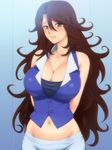  arms_behind_back bare_shoulders blush breasts brown_hair cleavage groin gundam gundam_00 hairu huge_breasts lips long_hair midriff navel solo sumeragi_lee_noriega upper_body yellow_eyes 