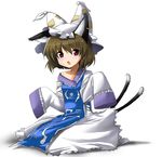  :o animal_ears bare_shoulders blush brown_hair cat_ears cat_tail chen cosplay earrings hat jewelry kasu_kazu long_sleeves multiple_tails open_mouth oversized_clothes pillow_hat red_eyes short_hair sitting sleeves_past_fingers sleeves_past_wrists solo surcoat tail tassel touhou white_background wide_sleeves yakumo_ran yakumo_ran_(cosplay) 