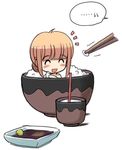  1girl :d ^_^ bangs bare_shoulders blonde_hair blunt_bangs blush bowl chopsticks closed_eyes cup eating food in_bowl in_container in_cup in_food minigirl nakopapa open_mouth original rice rice_bowl smile solo soy_sauce speech_bubble spoken_ellipsis wasabi 