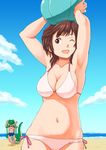  1girl amagami arms_up ball beach bikini brown_hair crocodile crocodilian day one_eye_closed outdoors sakurai_rihoko short_hair side-tie_bikini stuffed_animal stuffed_toy swimsuit tachibana_jun'ichi takayama_chihiro 