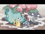  bad_id bad_pixiv_id baseball_cap black_hair brown_eyes fingerless_gloves gen_1_pokemon gloves hat jacket letterboxed pikachu pokemon pokemon_(creature) pokemon_special poliwrath q-v_(levia) red_(pokemon) venusaur 